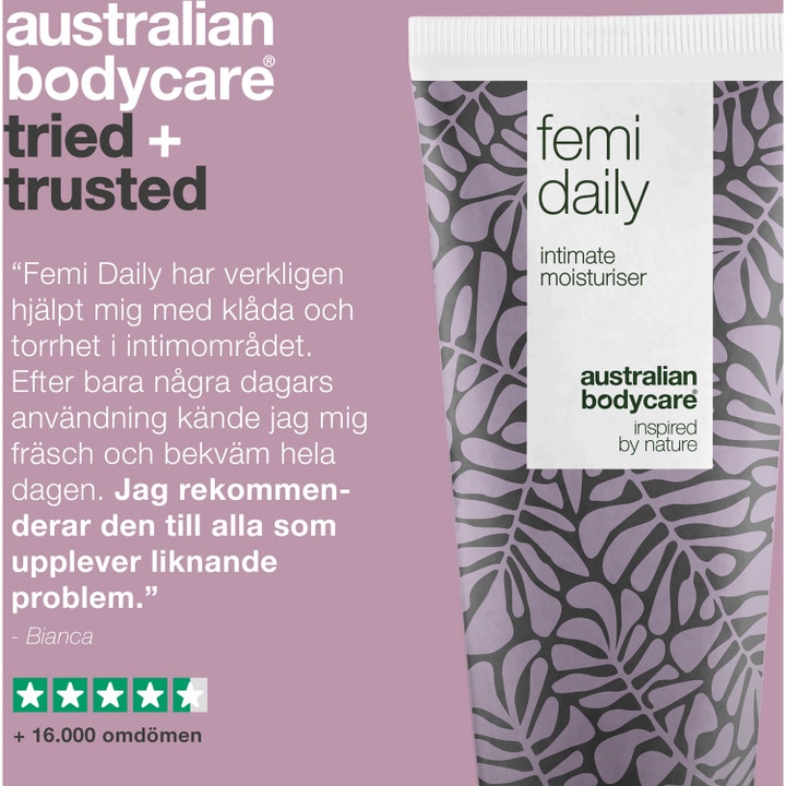 Australian Bodycare Femi Daily 200 ml mod kløe og lugt i tube med bladprint ved siden af en 5-stjernet anmeldelse.