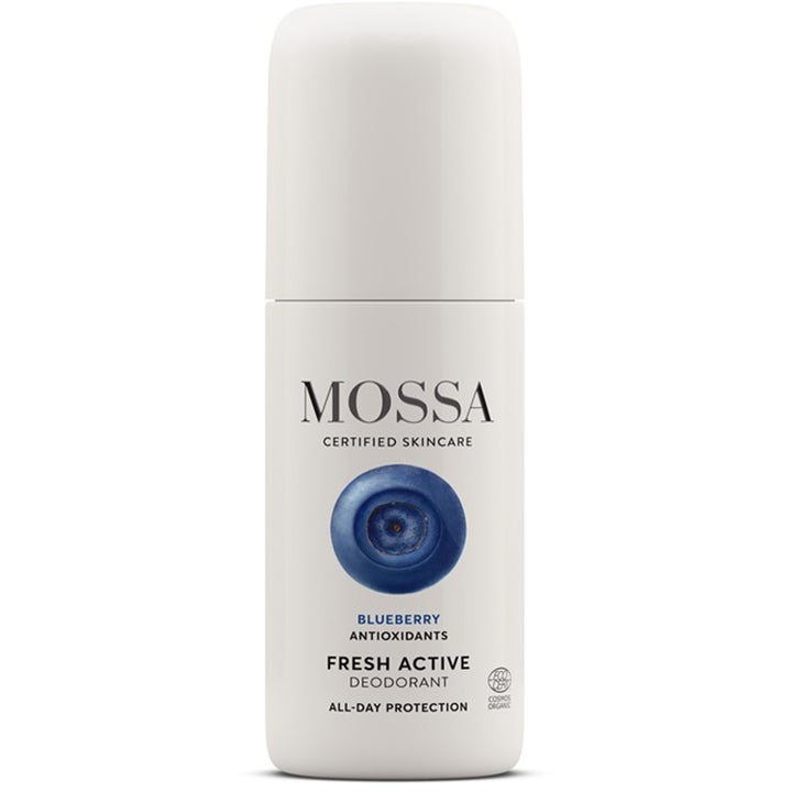 Mossa Fresh Active Deodorant 50ml beskyttende roll-on med antioxidanter i en hvid flaske med et stort blåbær