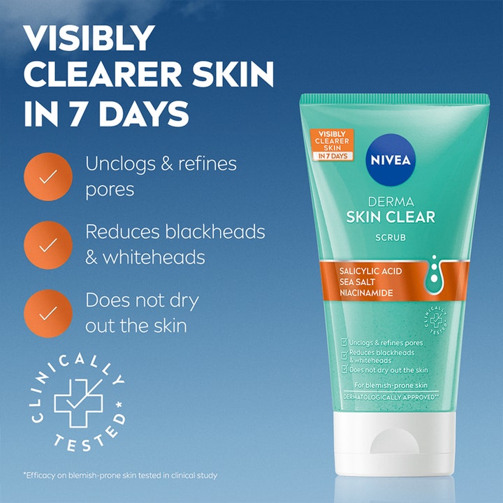 NIVEA Derma Skin Clear Anti-Blemish Scrub 150 ml eksfoliering mod urenheder i grøn tube med salicylsyre og havsalt.