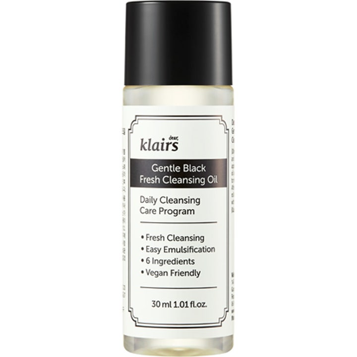 Klairs Gentle Black Fresh Cleansing Oil 30 ml renseolie i klar flaske med sort låg fjerner effektivt snavs