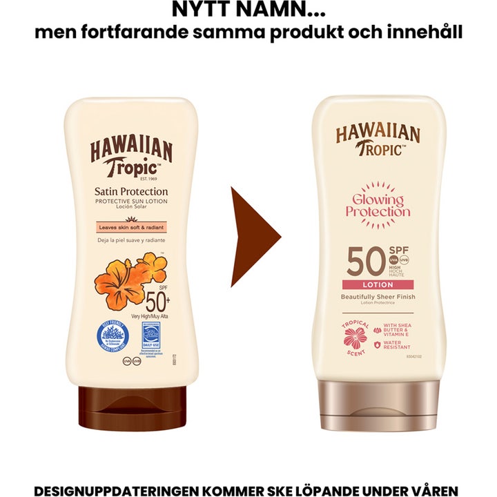 Hawaiian Tropic Glowing Protection Lotion 170 ml solcreme SPF 50+ i nyt design på lys flaske med bronzefarvet låg