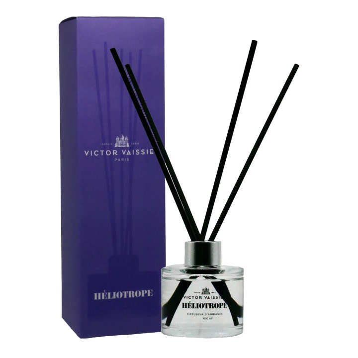 Victor Vaissier Héliotrope Purple 100 ml duftpinde i klar glasflakon med sorte pinde og lilla æske