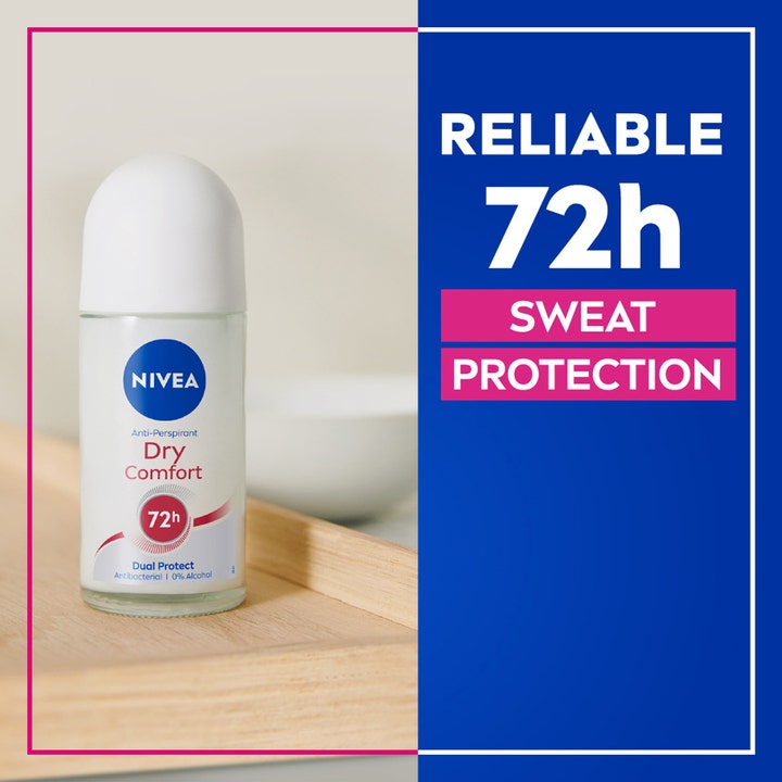 NIVEA Dry Comfort Roll On 25 ml deodorant i glasflaske giver 72 timers beskyttelse mod sved og lugt.