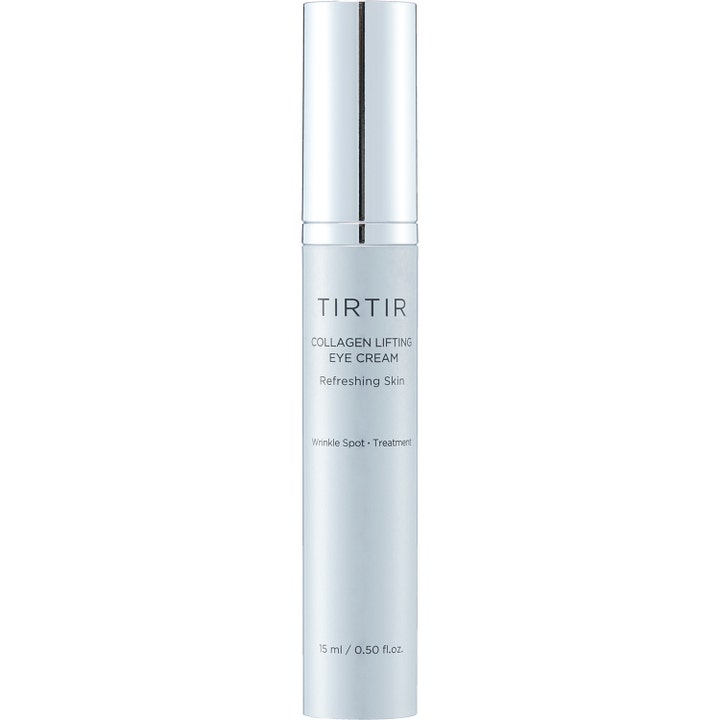 TIRTIR Collagen Lifting Eye Cream 15 ml opstrammende øjencreme i en slank sølvfarvet tube med metallisk finish