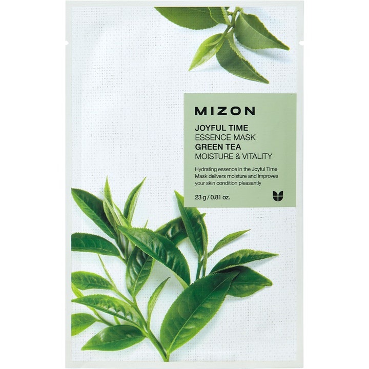 Mizon Joyful Time Essence Mask Green Tea 23 g fugtgivende sheet maske i hvid pose med grønne teblade og lysegrøn etiket.