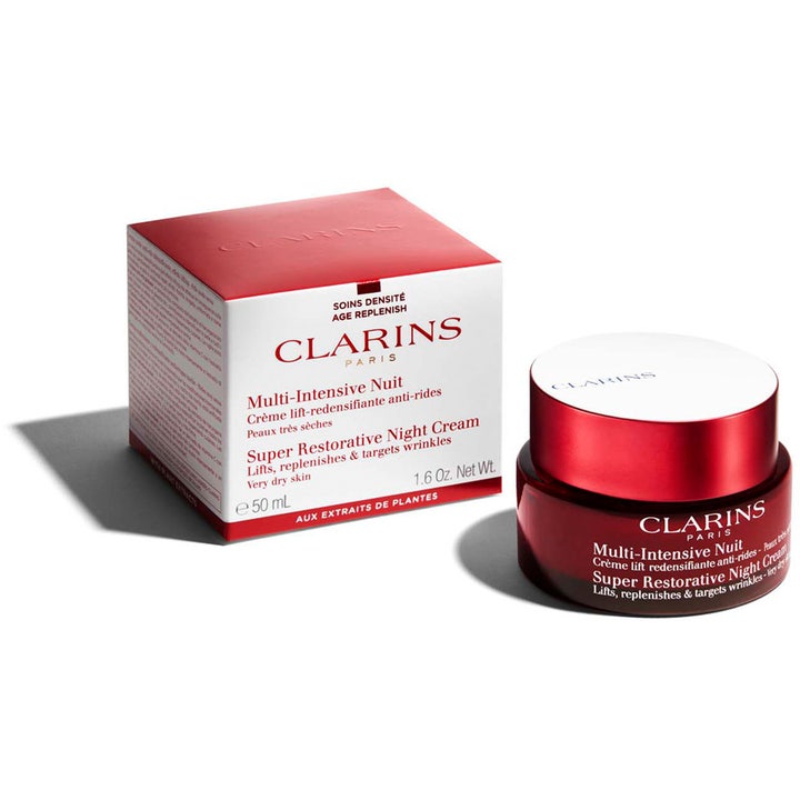 Clarins Super Restorative Night Cream 50 ml nattcreme i rød glaskrukke med tilhørende hvid og rød æske