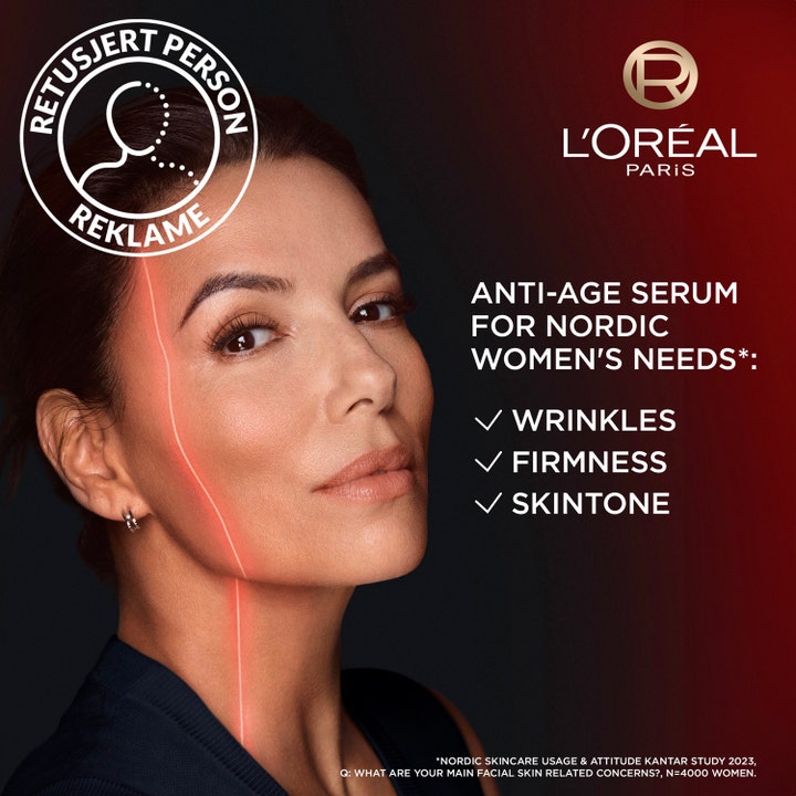 L'Oréal Paris Revitalift Laser Serum 30 ml mod rynker viser en kvinde med en rød laserlinje over ansigtet.