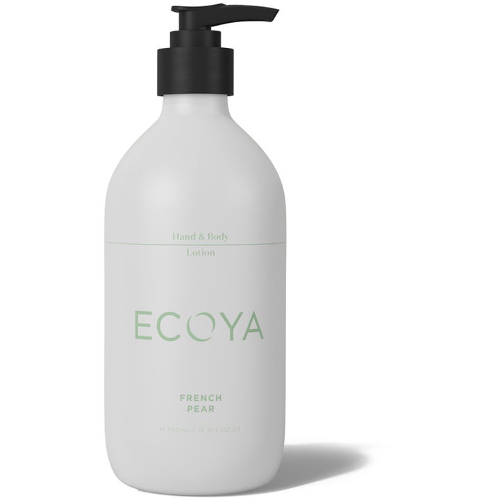 ECOYA French Pear Hand & Body Lotion 450ml fugtgivende lotion i hvid flaske med sort pumpe og grøn tekst