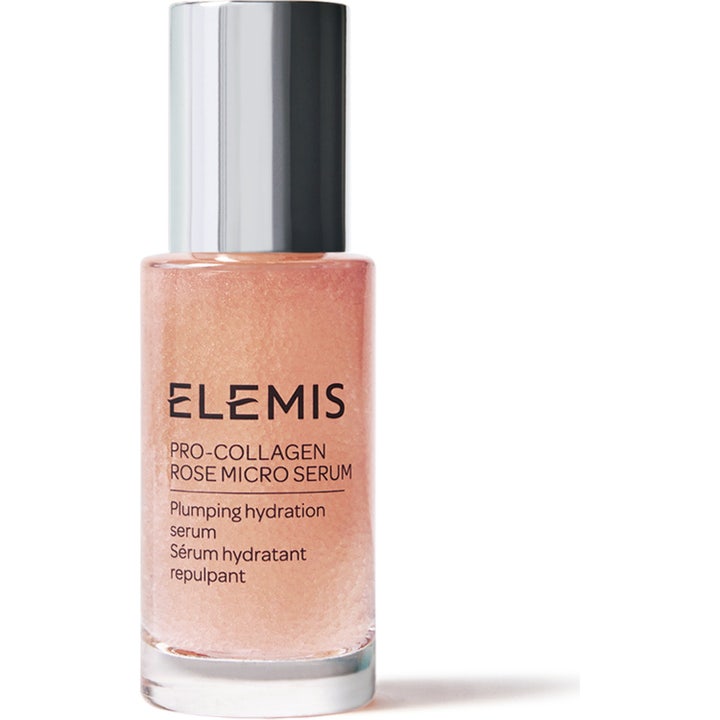 Elemis Pro-Collagen Rose Micro Serum 30 ml fugtgivende serum i glasflaske med sølvlåg og synlige rosa mikrodåber