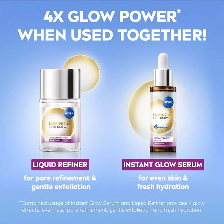 NIVEA Luminous630 Skin Glow Daily Liquid 100 ml og serum giver 4x glow power for jævn hud med masser af glød.