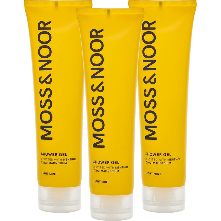 Moss & Noor Shower Gel 3-pak opfriskende kropsvask i gule tuber med mentol og magnesium
