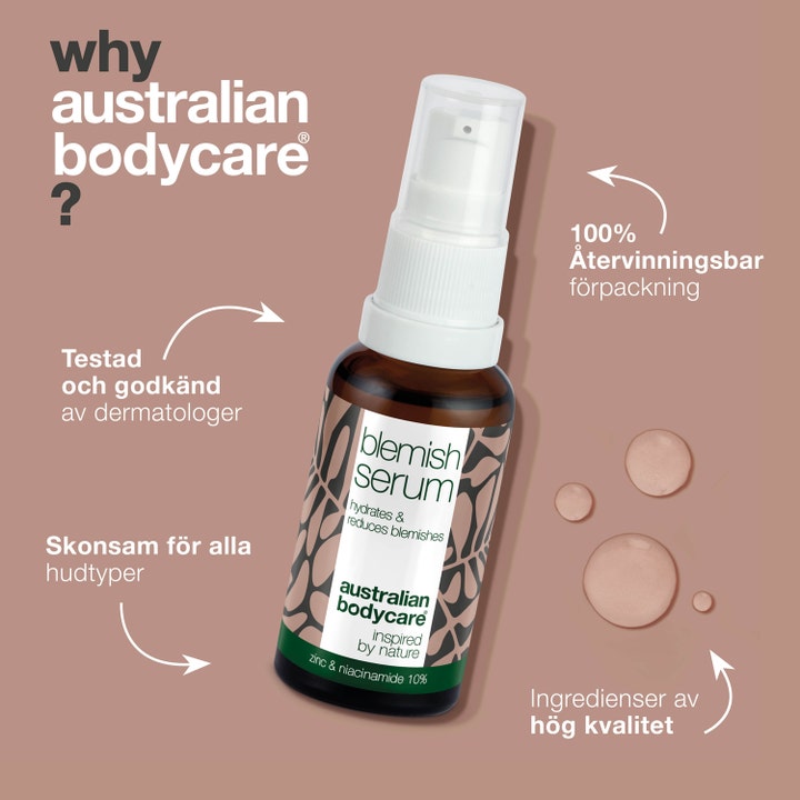 Australian Bodycare Blemish Serum 30 ml mod urenheder i brun pumpeflaske med klare dråber og info om genanvendelse.
