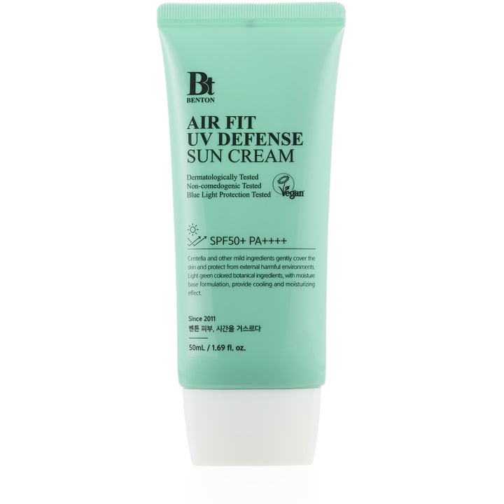 Benton Air Fit UV Defense Sun Cream 50ml beroligende solcreme i lysegrøn tube med hvidt låg