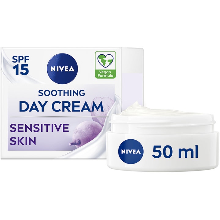 Nivea Soothing Day Cream 50 ml beroligende dagcreme til sensitiv hud i hvid krukke med synlig creme og lilla papæske.