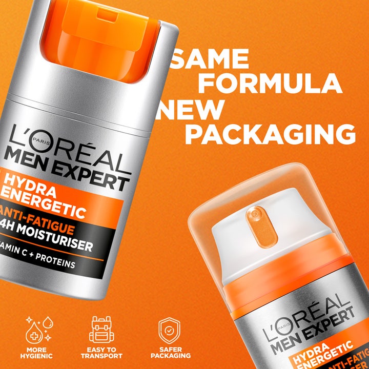 L'Oréal Paris Men Expert Hydra Energetic fugtighedscreme mod træthedstegn i ny og mere sikker emballage.