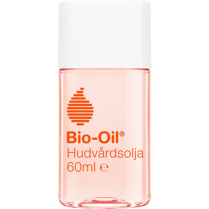 Bio-Oil Hudplejeolie 60 ml mod ar og strækmærker i gennemsigtig plastflaske med orange olie og hvidt låg