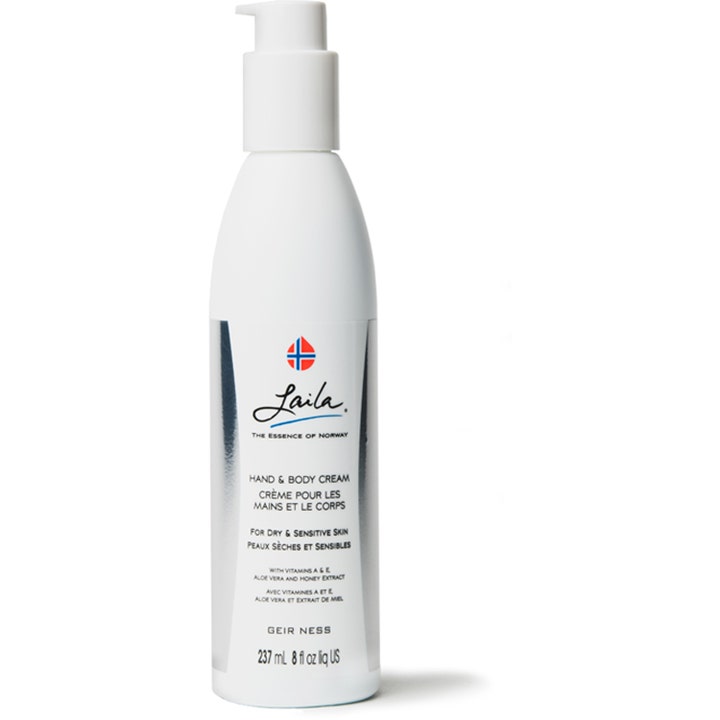 Laila Hand & Body Cream 237 ml fugtgivende creme til tør hud i hvid flaske med pumpe og sølvdetaljer