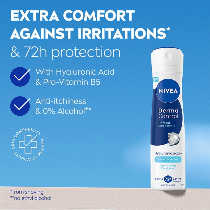 NIVEA Antiperspirant Deo Spray Derma Control Defend 150 ml med Hyaluronsyre og 72 timers beskyttelse på blå baggrund.