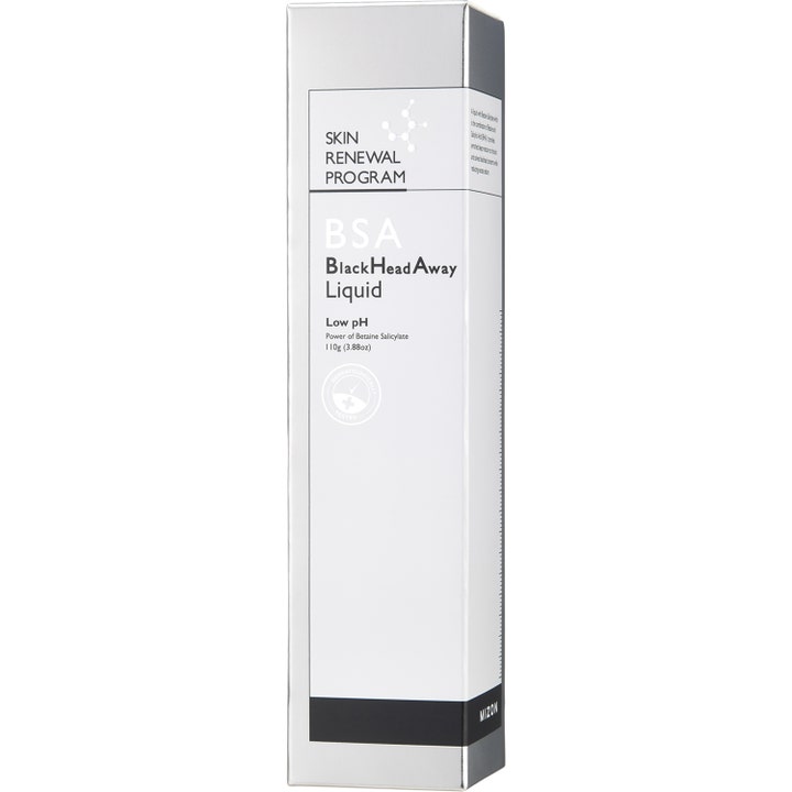 Mizon Bsa Blackhead Away Liquid 110 g eksfolierende serum i sølvfarvet og hvid emballage mod urenheder
