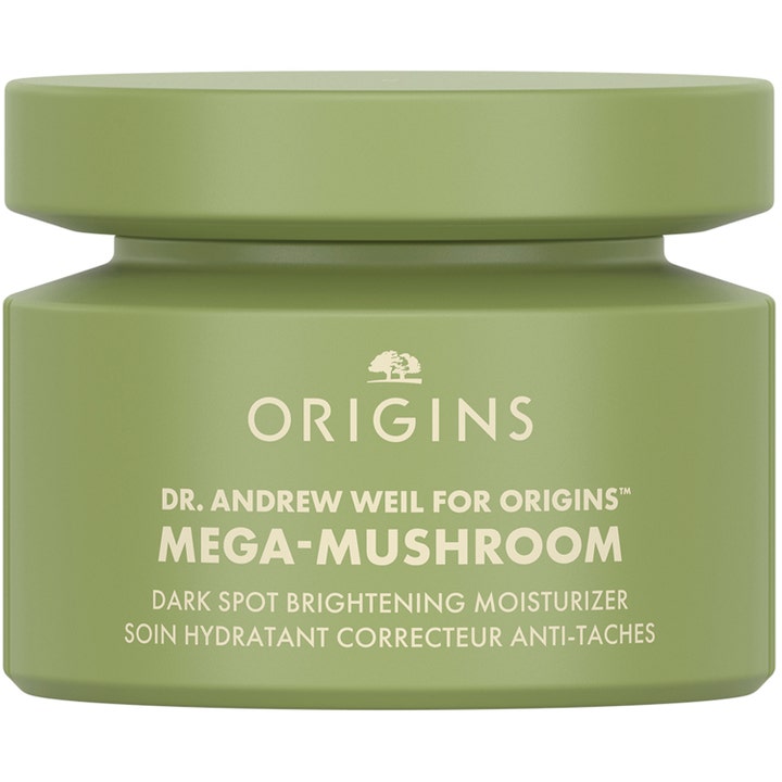Origins Mega-Mushroom Dark Spot Brightening Moisturizer lysnende ansigtscreme i en mat olivengrøn krukke med hvid tekst.