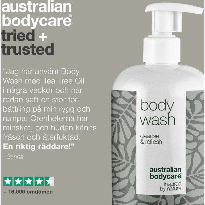 Australian Bodycare Body Wash 500 ml rensende duschtvål med Tea Tree Oil i hvid pumpeflaske med kundeanmeldelse.