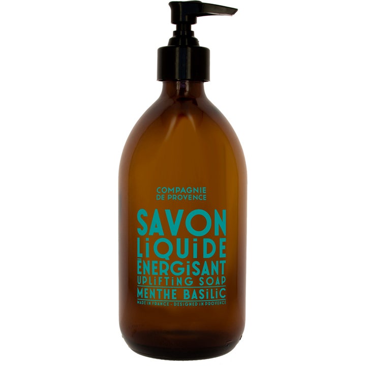 Compagnie de Provence Savon Liquide Energisant Menthe Basilic opkvikkende håndsæbe i brun glasflaske med sort pumpe