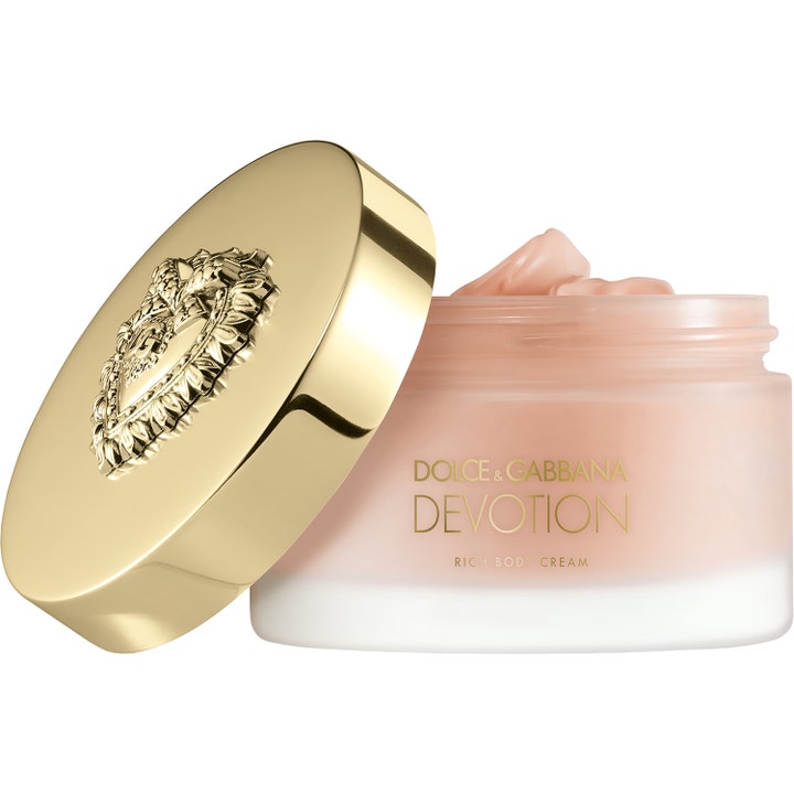 Dolce & Gabbana Devotion Body Cream 200 ml i krukke med guldstøbt hjerte og cremet lyserød tekstur