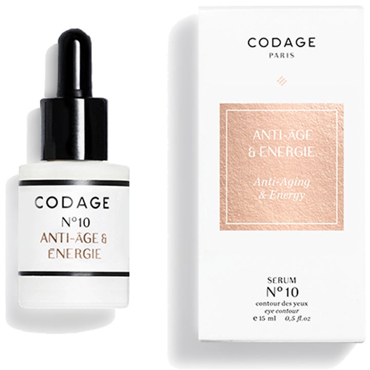 Codage N°10 Anti-Age & Energie 15 ml øjenserum mod træthedstegn i hvid glasflaske og æske med rosaguld detalje