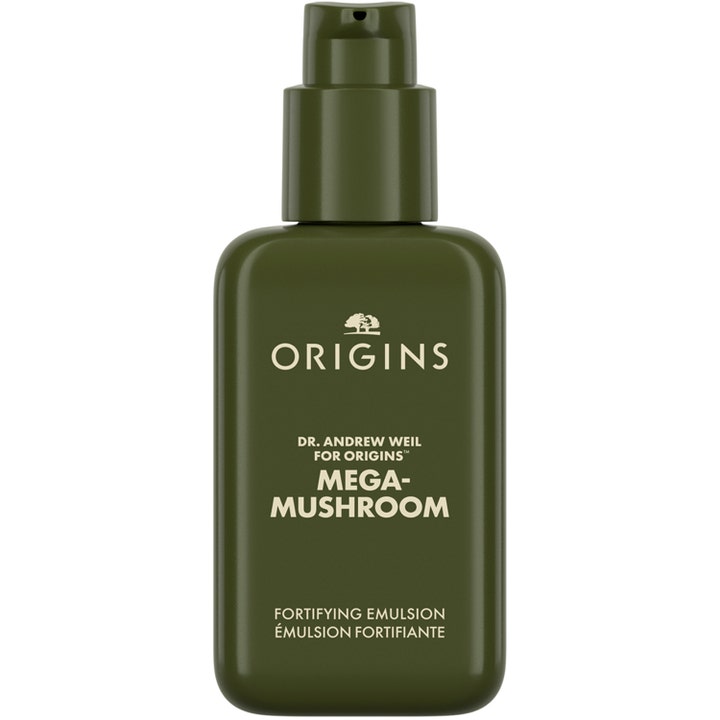 Origins Dr. Weil Mega Mushroom Fortifying Emulsion 100 ml styrkende dagcreme i mørkegrøn flaske med pumpe