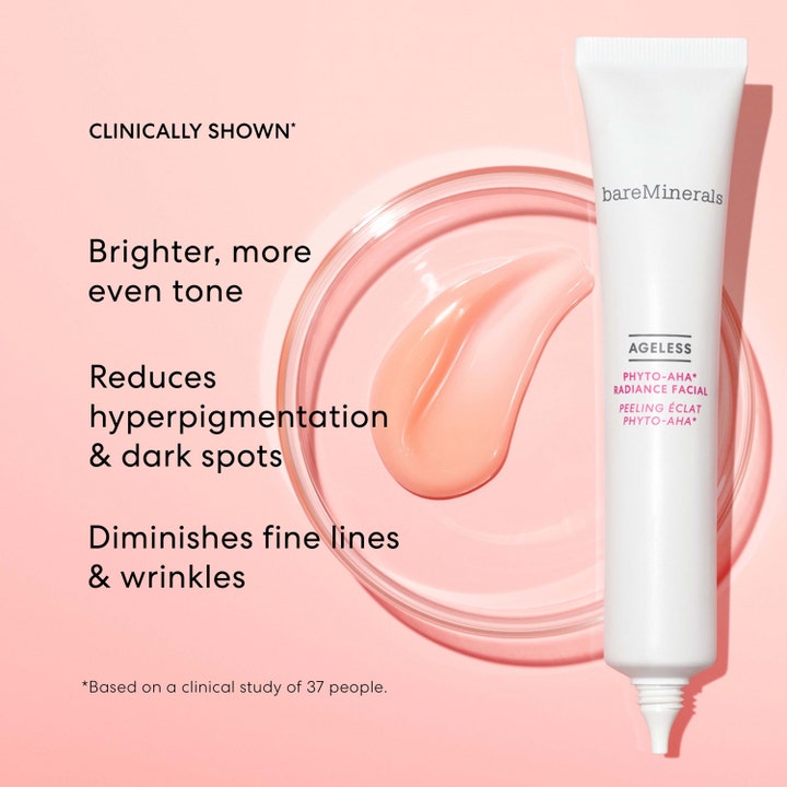 bareMinerals Ageless Phyto-AHA Radiance Facial 50 ml eksfolierende peeling i hvid tube med lyserød geltekstur