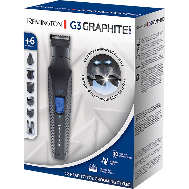 Remington PG3000 G3 Graphite Series skægtrimmer i hvid æske med 6 tilbehørsdele til præcis barbering.