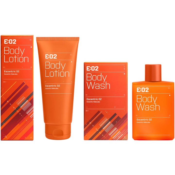 Escentric Molecules Escentric 02 Body Lotion 200 ml fugtgivende kropspleje i orange tube og æske med body wash