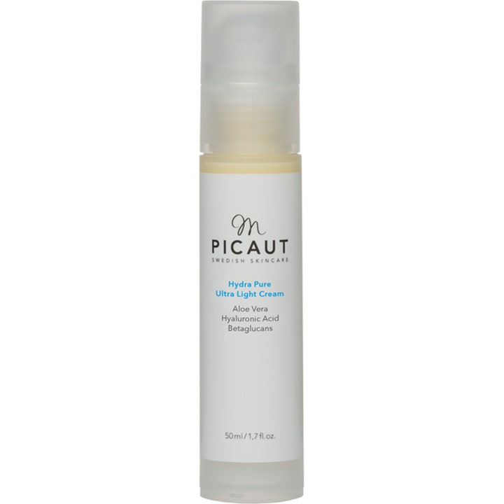 M Picaut Hydra Pure Ultra Light Cream 50 ml fugtgivende ansigtscreme i hvid pumpeflaske med gennemsigtigt låg