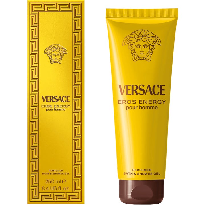 Versace Eros Energy 250 ml showergel i en gul tube og æske med det klassiske Medusa-logo.