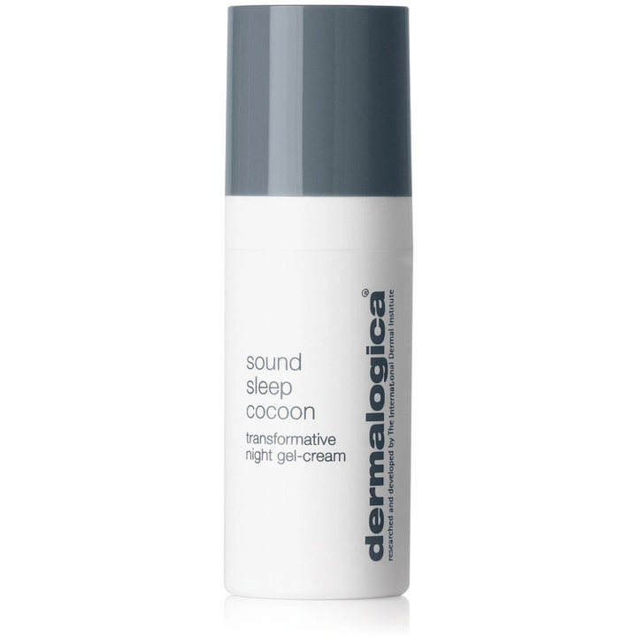 Dermalogica Sound Sleep Cocoon transformerende natcreme i gelform i hvid flaske med mørkegråt låg.
