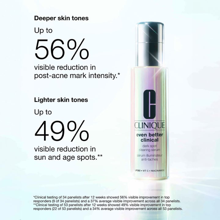 Clinique Even Better Clinical 30 ml serum mod mørke pletter i iriserende flaske med synlige testresultater.