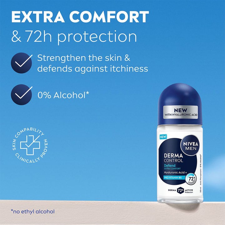 NIVEA MEN Derma Control Defend 50 ml roll-on deo mod irritation med hyaluronsyre og 72 timers beskyttelse