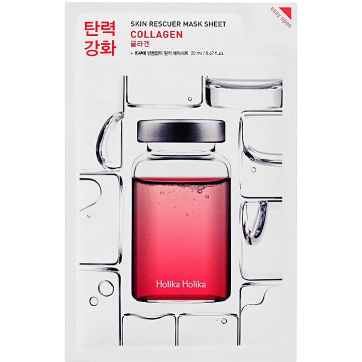 Holika Holika Skin Rescuer Mask Sheet Collagen 20 ml opstrammende sheet mask i hvid pose med rød ampul