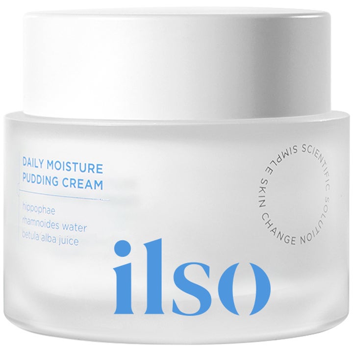 ilso Daily Moisture Pudding Cream fugtgivende ansigtscreme i frostet glaskrukke med hvidt låg og blå tekst