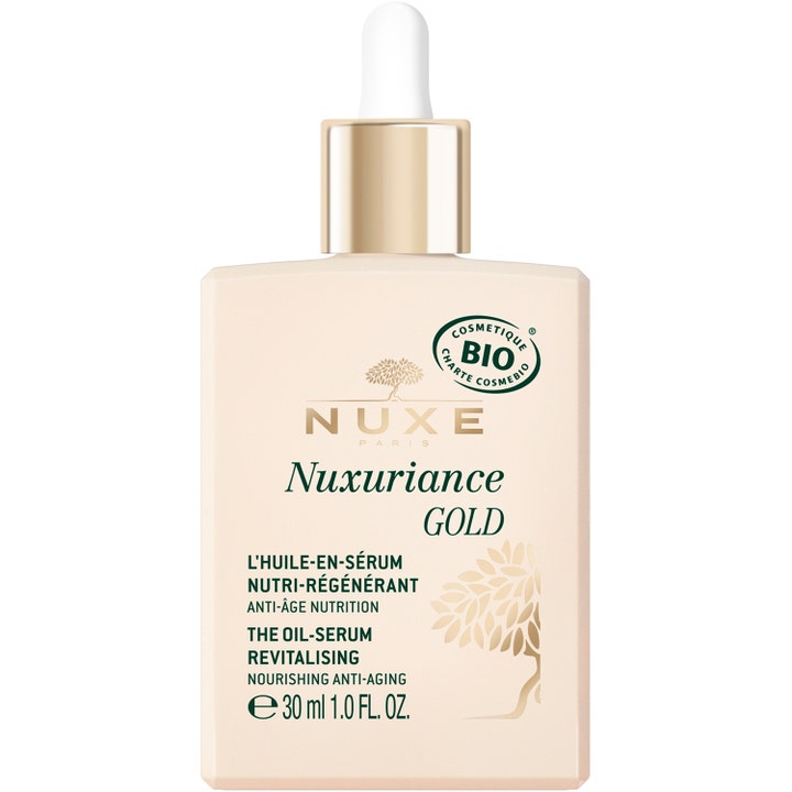 Nuxe Nuxuriance Gold The Oil-Serum 30 ml revitaliserende anti-age serum i beige flaske med guldhætte og hvid pipette