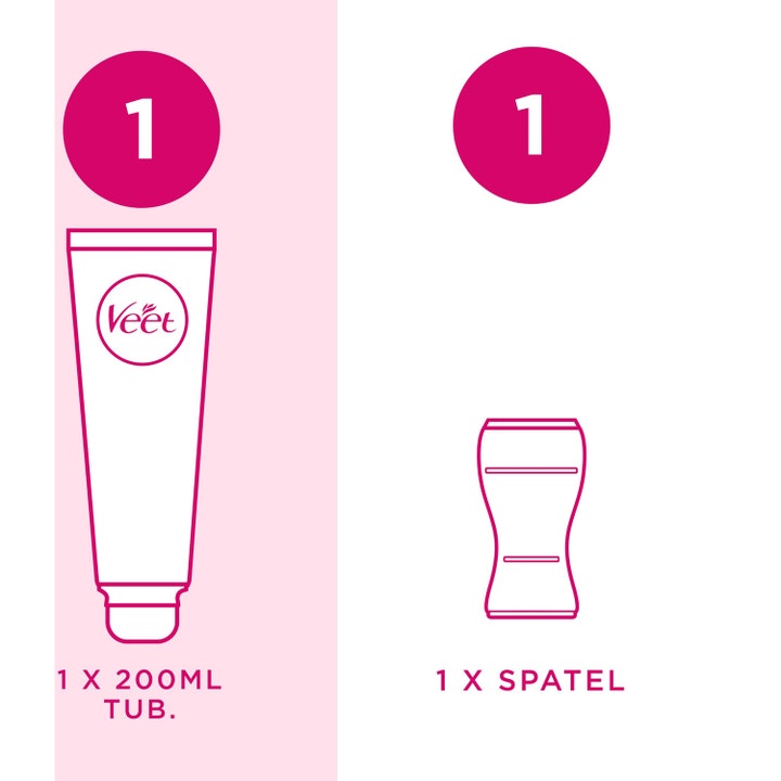 Veet Hair Removal Cream For Normal Skin 200 ml hårborttagningscreme giver glat hud og viser tube og spatel i grafik.