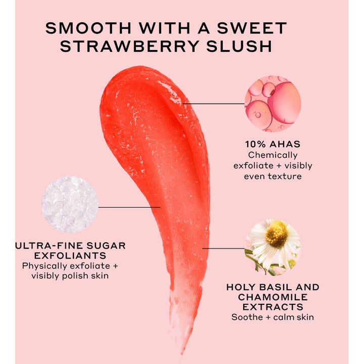 Ole Henriksen Transform Strawberry Smoothing Scrub 90 ml ansigtsscrub med rød geltekstur og 10% AHA der giver jævn hud