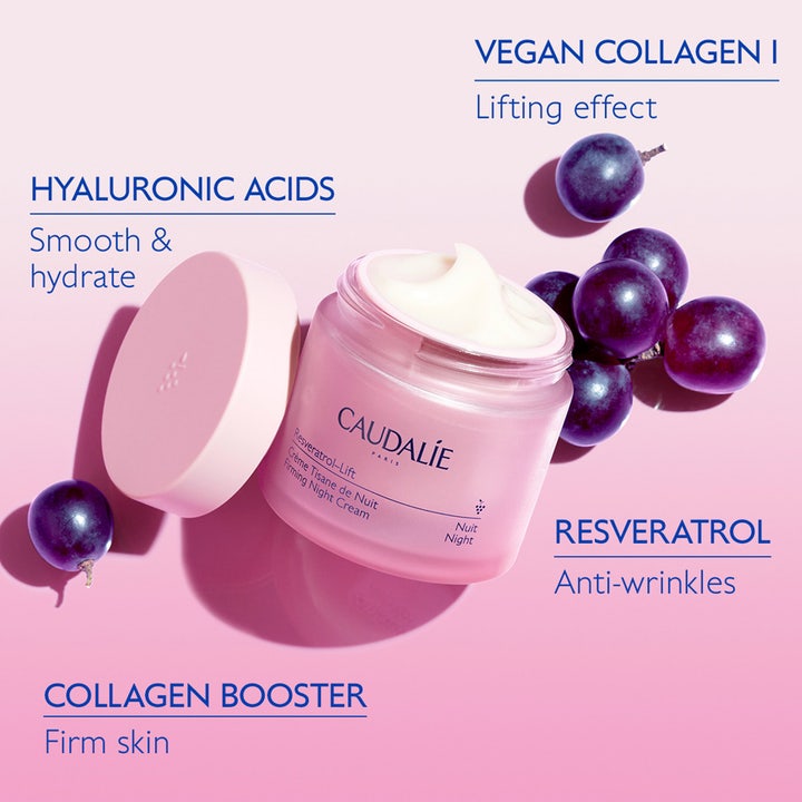 Caudalie Resveratrol-Lift Night Cream 50 ml opstrammende natcreme i lyserød krukke med lilla druer og vegansk kollagen.