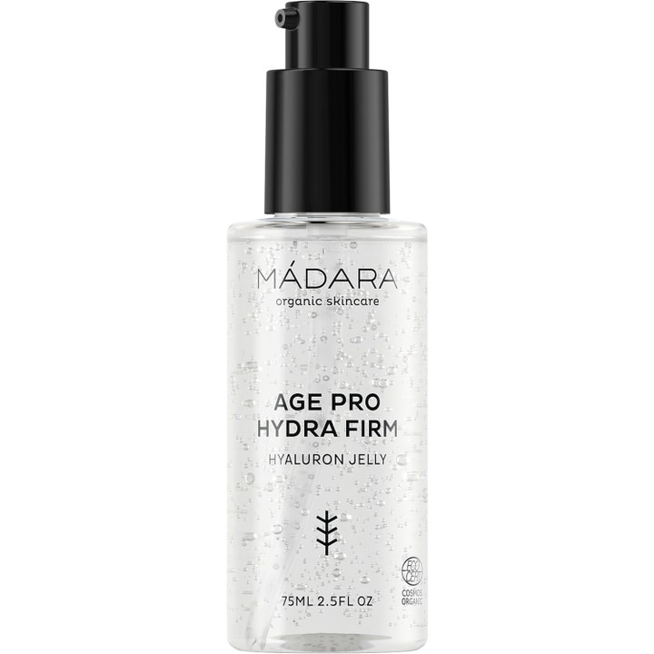 Mádara Age Pro Hydra Firm 75ml fugtgivende ansigtsgel i klar flaske med sort pumpe og boblende tekstur