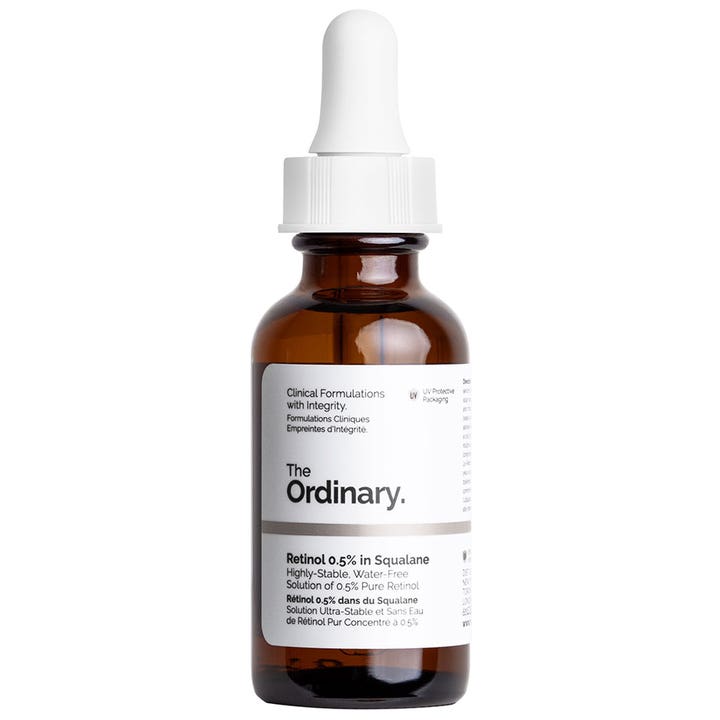 The Ordinary Retinol 0.5% in Squalane 30 ml anti-aging serum mod fine linjer i mørk glasflaske med pipette