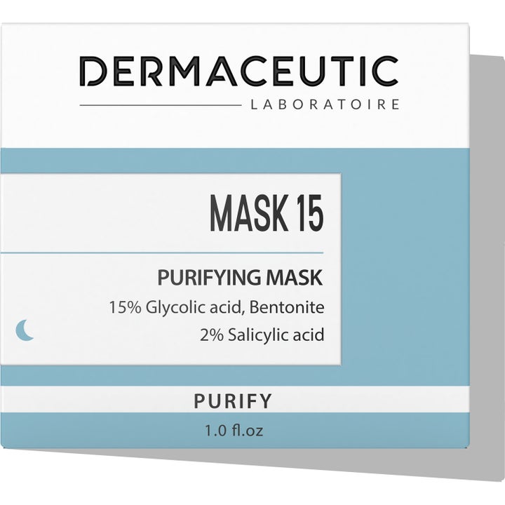 Dermaceutic Mask 15 30 ml rensende ansigtsmaske i hvid og lyseblå æske med glykolsyre og salicylsyre