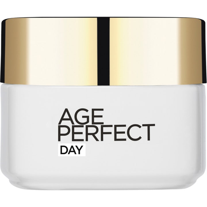 L'Oréal Paris Age Perfect Day opstrammende dagcreme i elegant hvid glaskrukke med blankt guldlåg