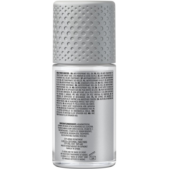 Adidas Adipower Booster 50 ml roll-on deodorant til mænd i glasflaske viser ingrediensliste og gråt låg.