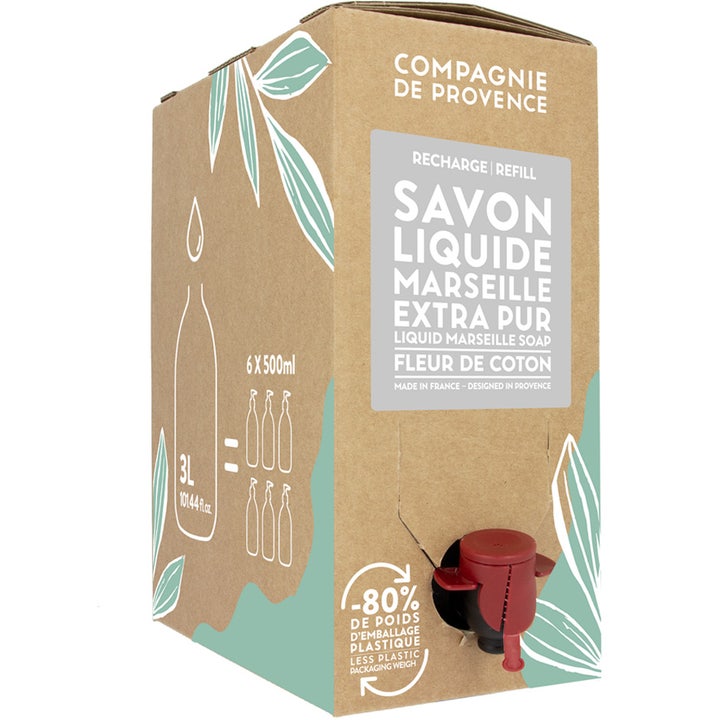 Compagnie de Provence Liquid Marseille Soap Refill Cotton Flower 3000 ml blødgørende håndsæbe i papkasse med tappehane.