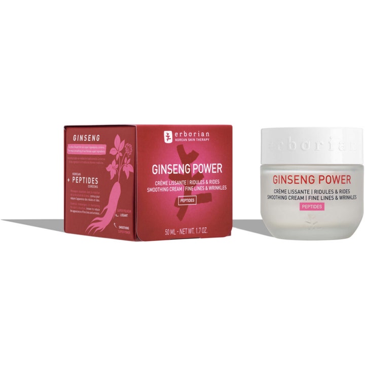 Erborian Ginseng Power 50 ml udglattende natcreme med peptider i hvid krukke og rød æske mod fine linjer.